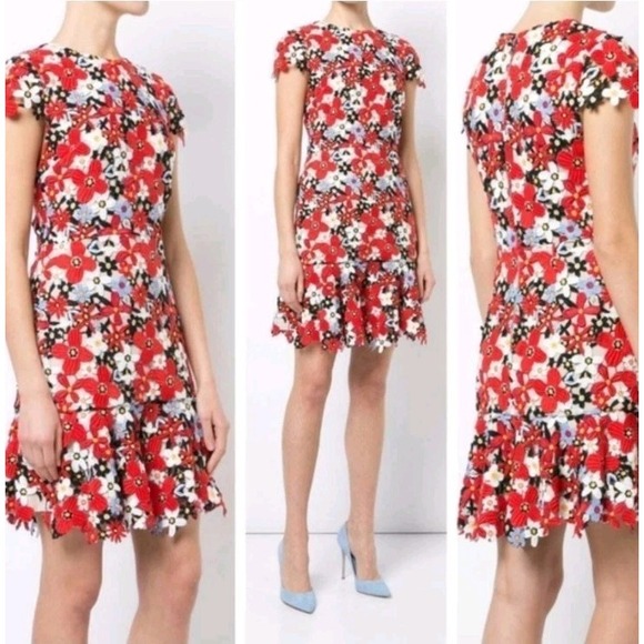 ALICE + OLIVIA Imani Guipure Lace Overlay Floral Crochet Dress Red Sz 6 $395